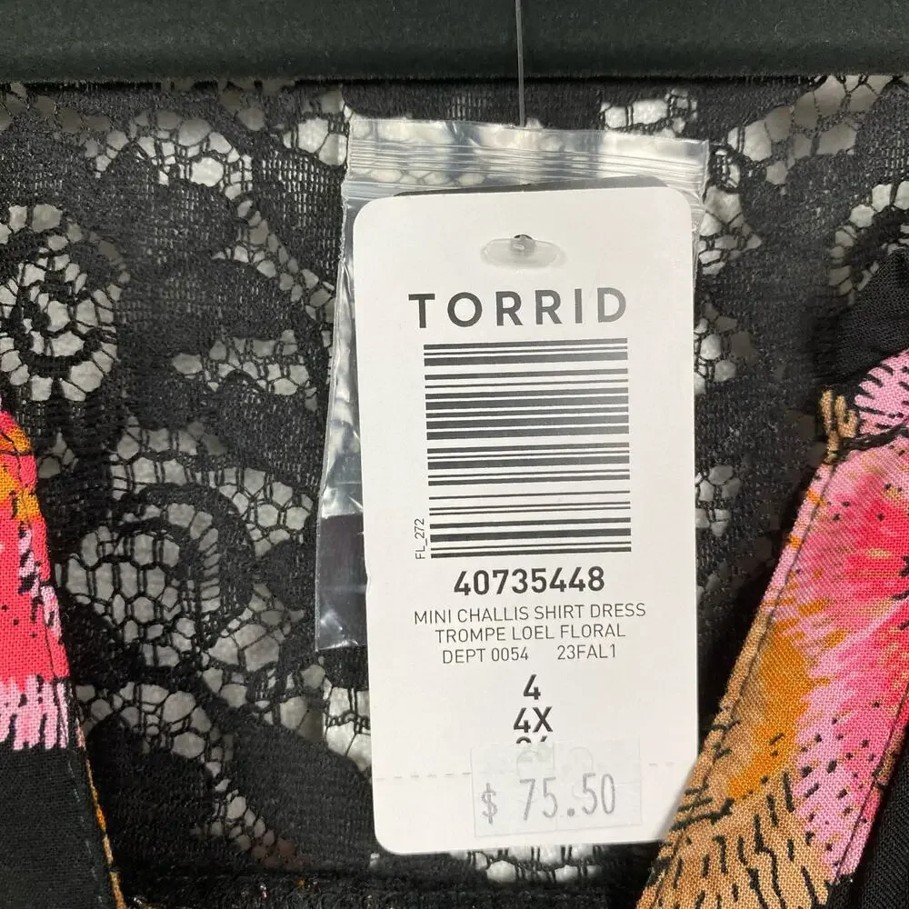 Torrid Black&Pink Floral Challis Mini Shirt Dress Sz.4 NWT - Picture 10 of 16